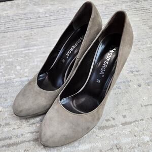 Superga Heeled Pump Shoes Taupe Neutral Suede Leather Round Toe Classic 39